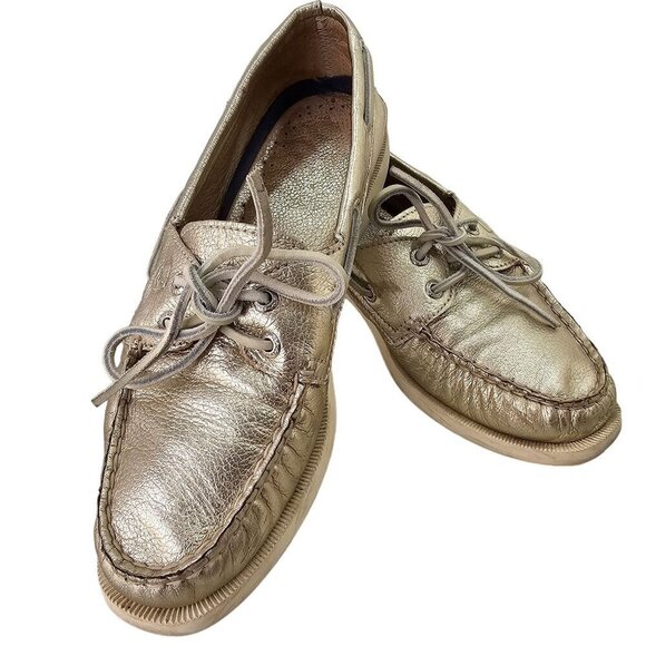 Sperry Top Sider Gold Pebble Leather Womens Size 7.5 Non-Marking Leather Tie Clo - Picture 1 of 11